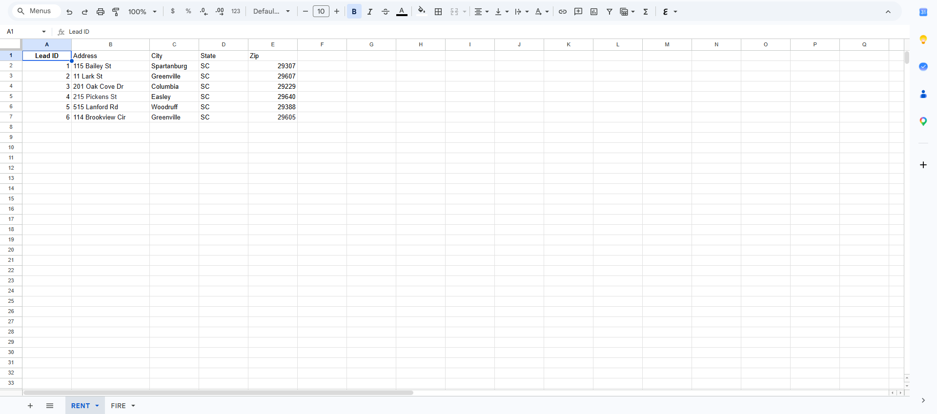 Raw lead sheet before enrichment