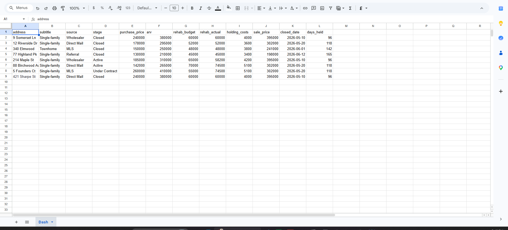 Raw deal data in a Google Sheet