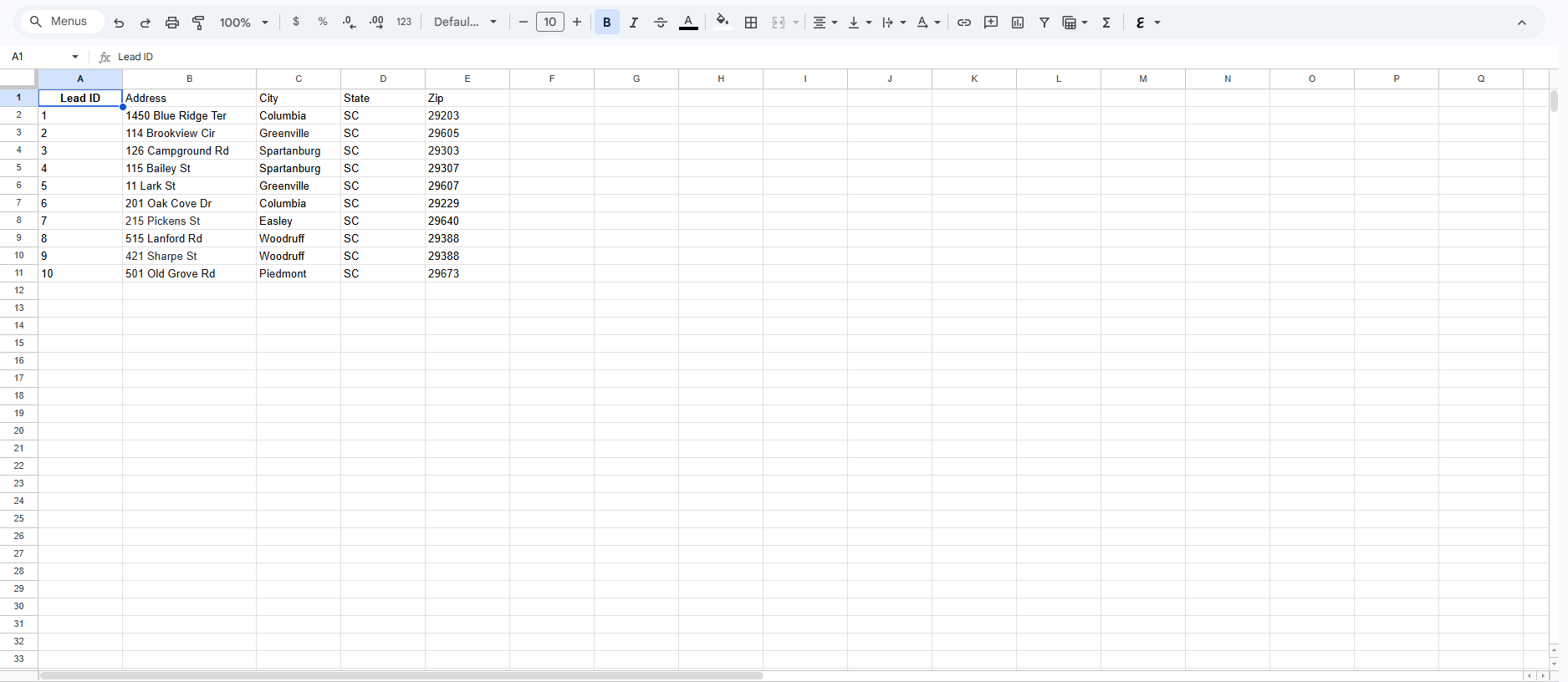 Raw lead sheet with just addresses