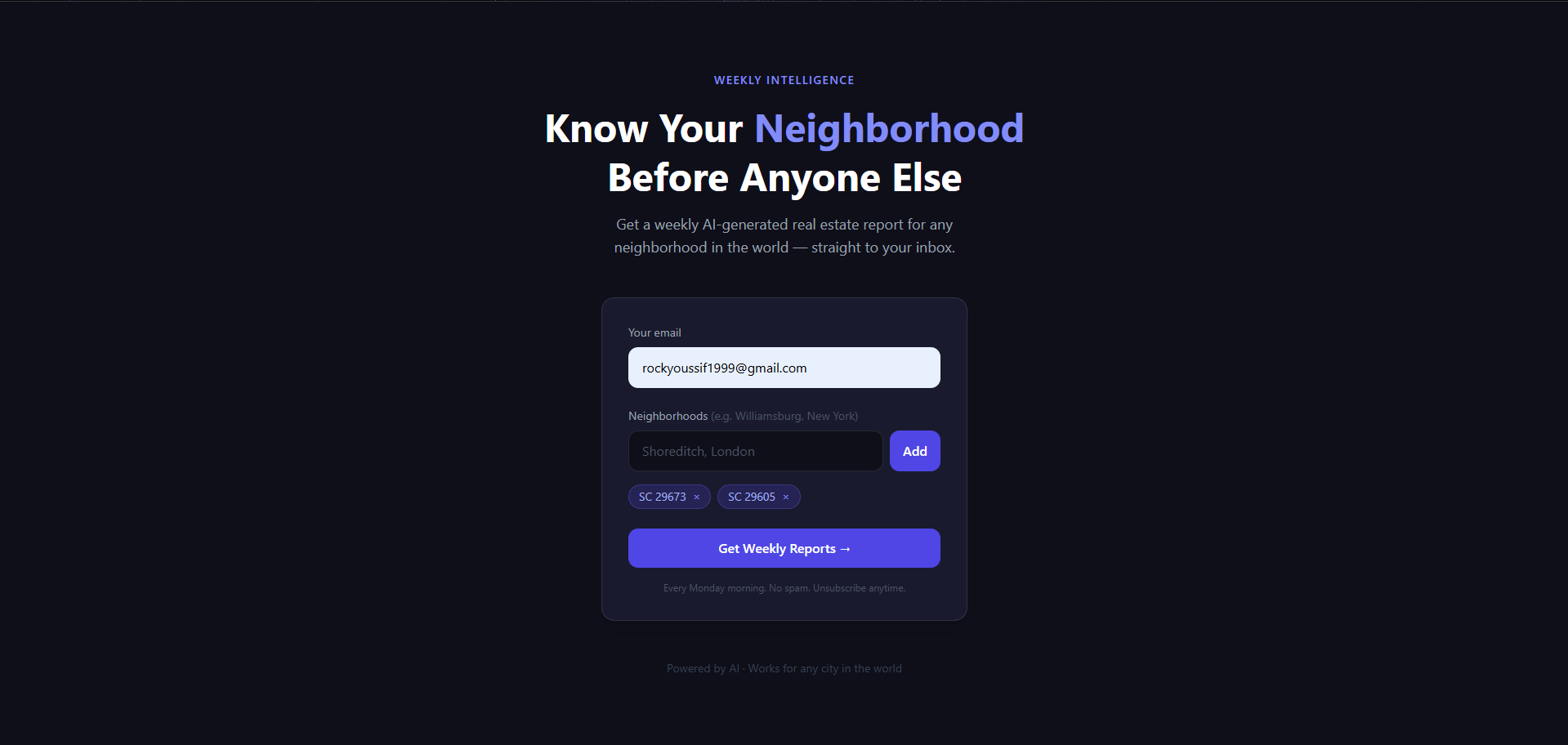 Subscribe form with email and neighborhoods added