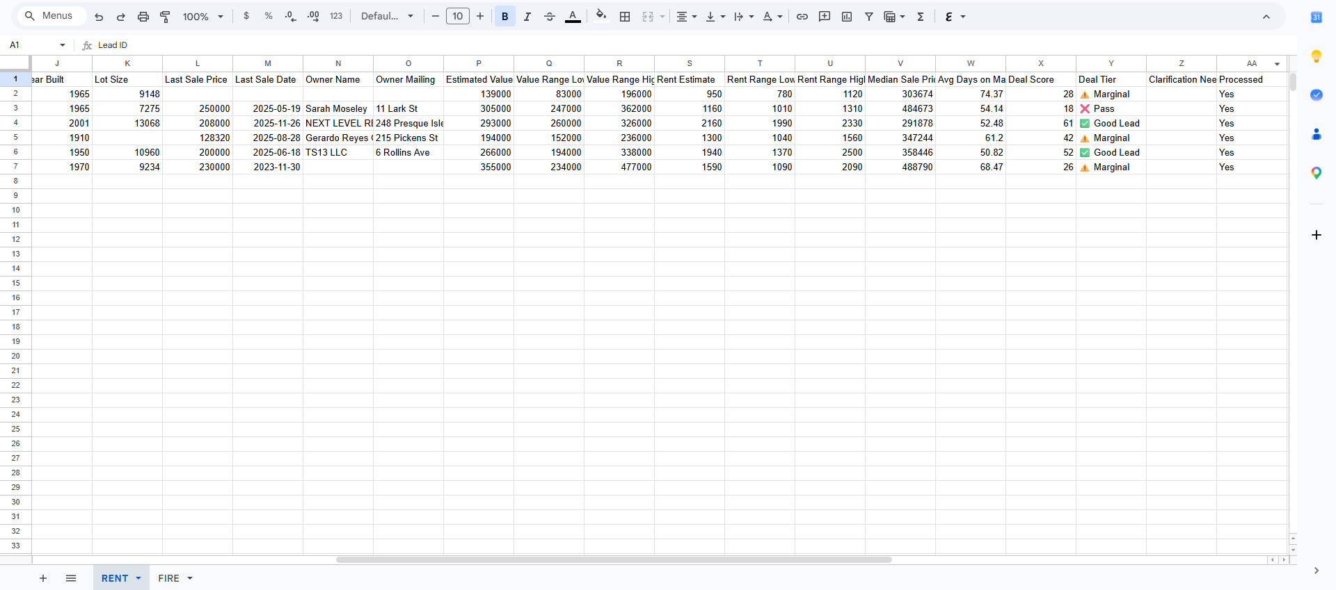 Enriched sheet, rent estimate and deal score